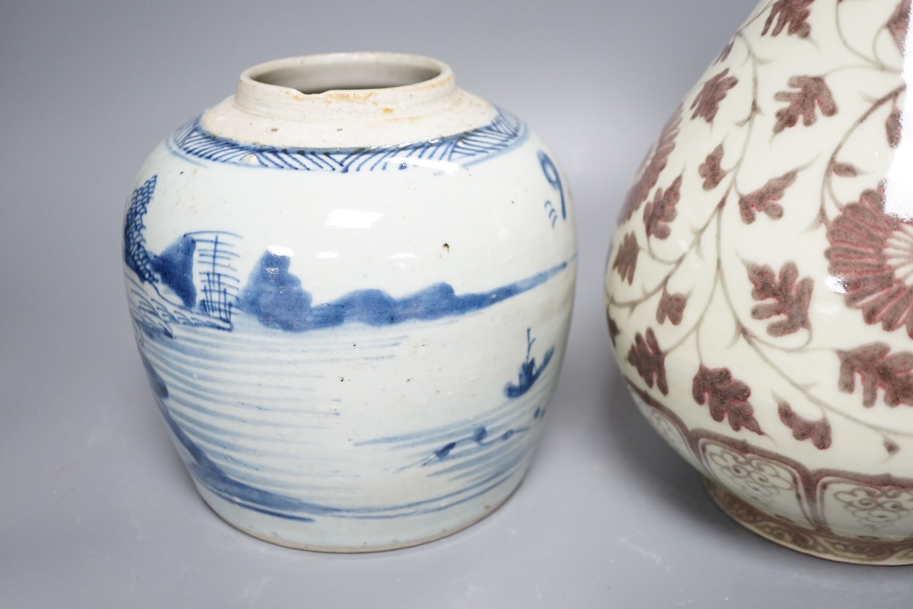 A Chinese red underglaze baluster jar, 32cm, and a 19th century Chinese blue and white ginger jar
